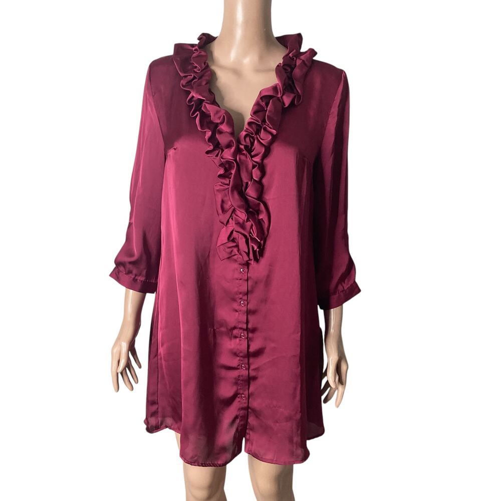 Lapis Blouse Womens Large Burgundy Red Ruffled Button Front New